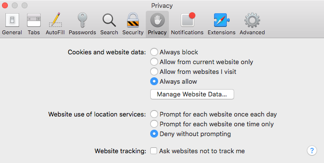 Safari Privacy Settings Screenshot